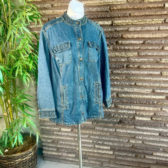 Liz Claiborne Liz & Me Metal Studded Denim Casual Chore Farm Jacket Size 1X - Picture 1 of 9